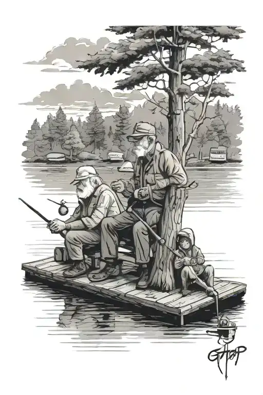 Grandpa And Me Fishing On A Dock With Trees