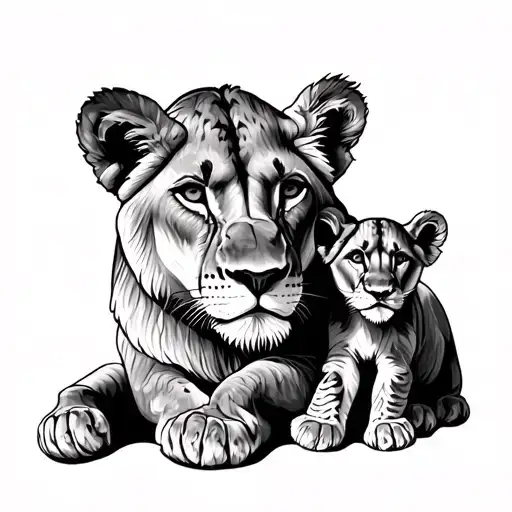 Lioness With Baby Angle Cub