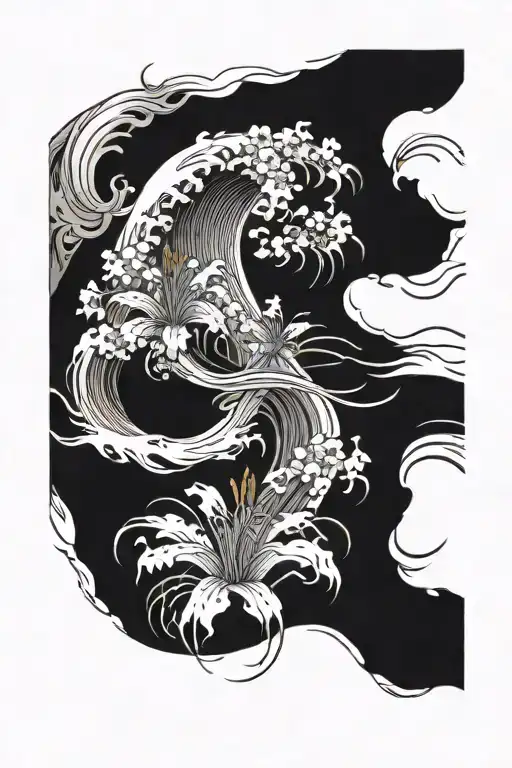 Great Wave Surrounded By Spider Lily Flowers