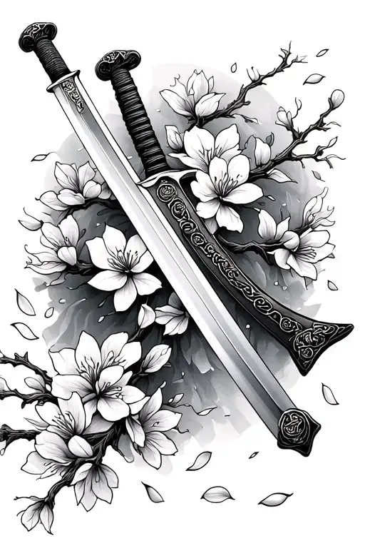 Samurai Sword With Cherry Blossom Petals Falling