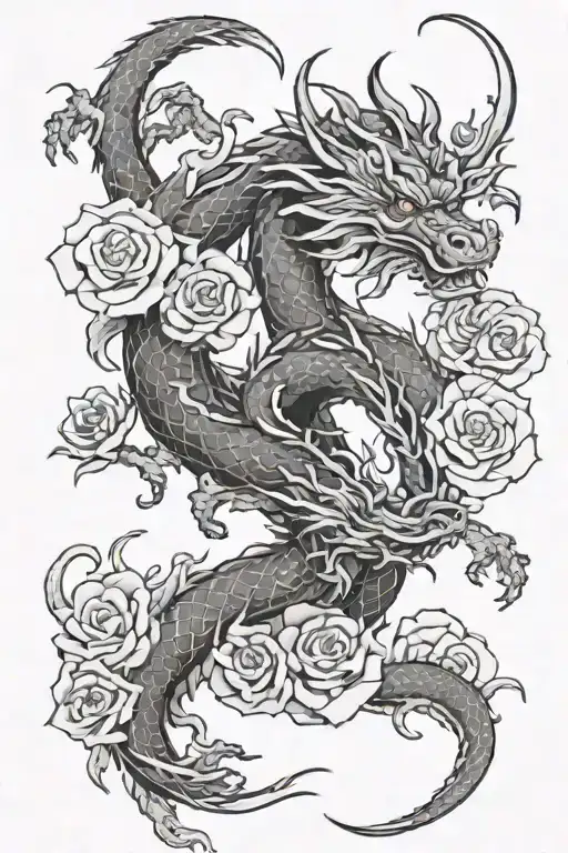 Japanese Dragon With Roses Intertwined Within