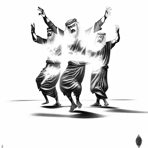 Three Old Testament Middle Eastern Men And The Holy Spirit Dancing Around A Blazing Fire