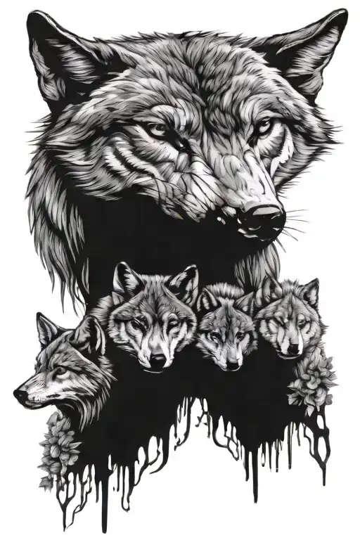 Wolf With Four Cubs