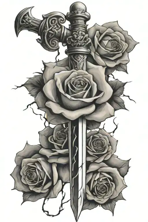 One Sword Facing Downward In Clouds With Lightning One Rose Centered Over Top