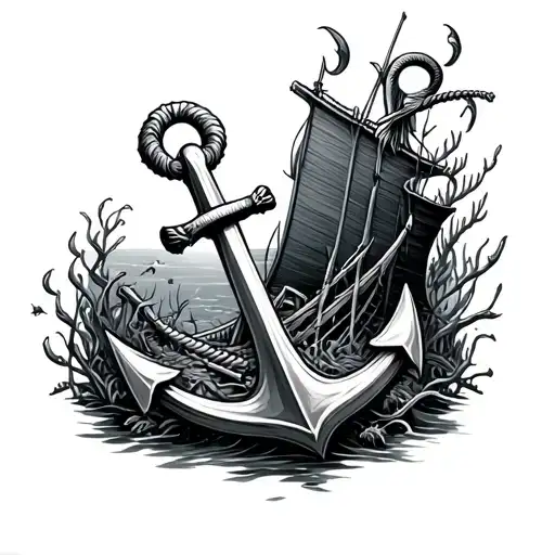 Anchor And Sunken Shipwreck Surrounded By Marine Life