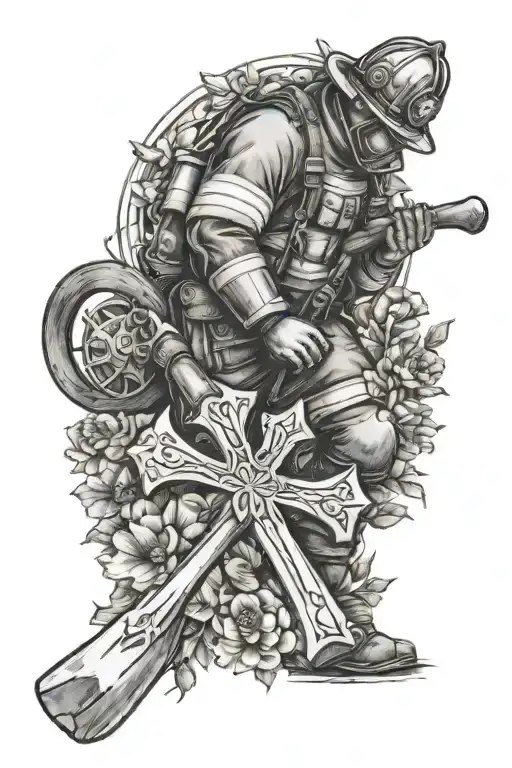 Firefighter Kneeling With Axe In Hand Before A Christian Cross Surrounded By Flowers