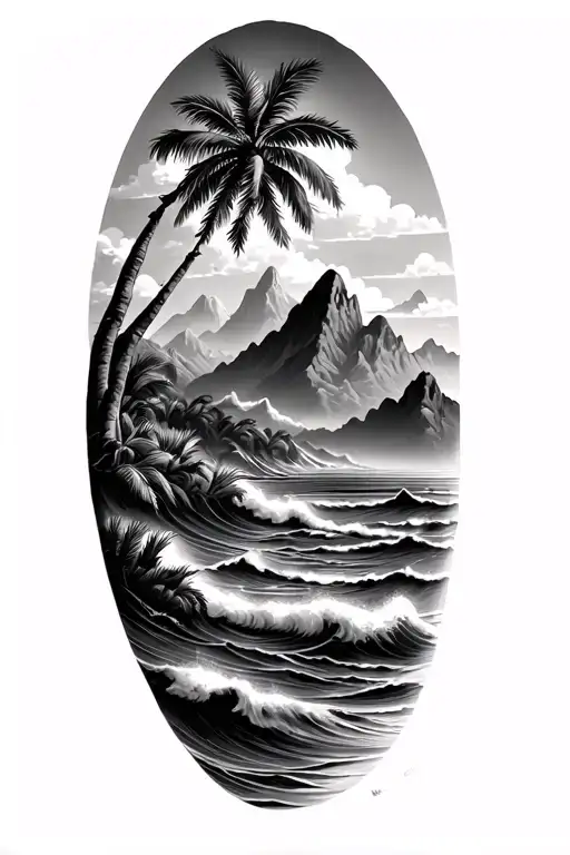 Palm Tree And Mountains And Waves