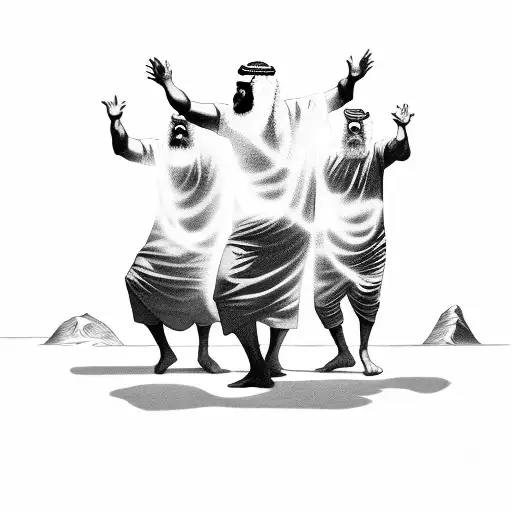 Three Old Testament Middle Eastern Men And The Holy Spirit Dancing Around A Blazing Fire