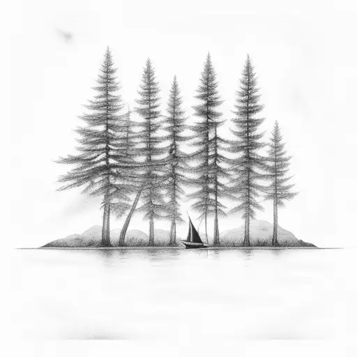 A Black-grey Tattoo Of A Serene Forest Scene With A Ship Sailing Through The Trees
