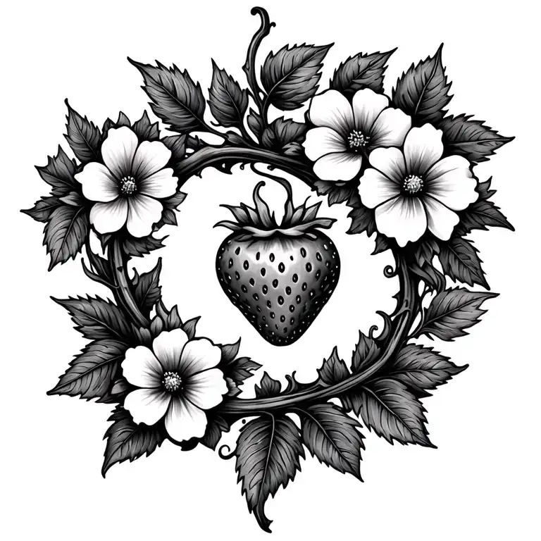 Strawberry Vine Thin And Long Spine Tattoo With Flowers