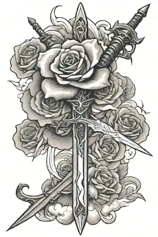 One Sword Facing Downward In Clouds With Lightning One Rose Centered Over Top