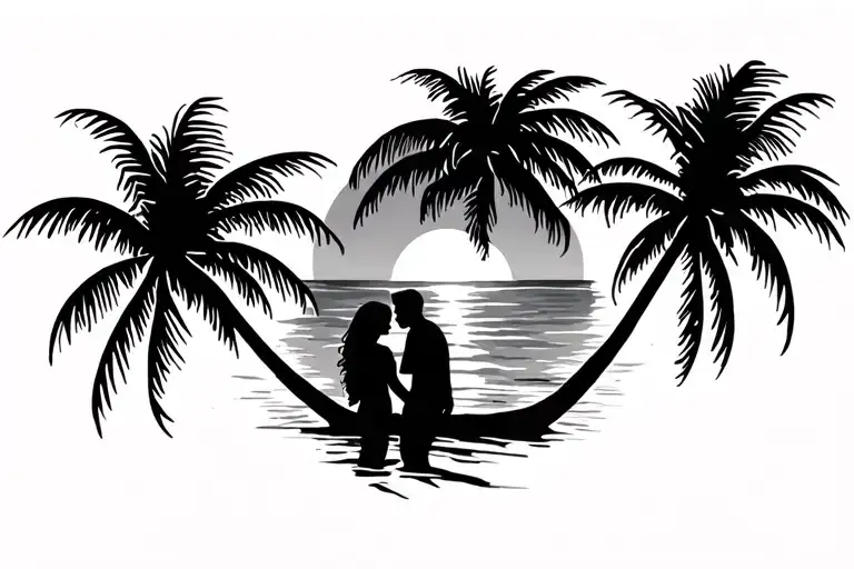 Palm Tree Beach Sunset Couple Shadow