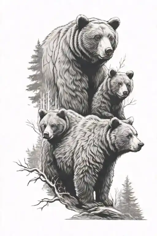 Bear With Two Cubs Surrounded By Trees