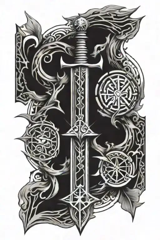 Nortic Runes Symbols And Sword Arm Sleeve Tattoo Design