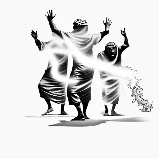 Three Old Testament Middle Eastern Men And The Holy Spirit Dancing Around A Blazing Fire