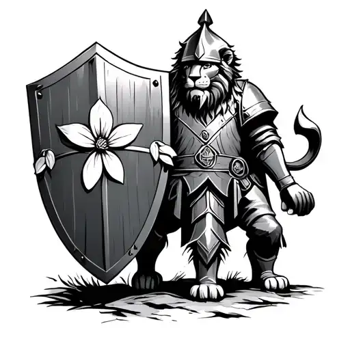 Half Lion Half Crusade Soldier Holding A Shield With A Snowdrop Flower On It