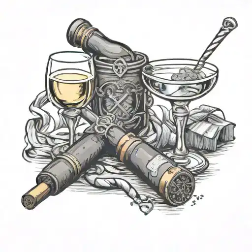 Champagne Glass And Cigar With A Cross Necklace Wrapped Around Them