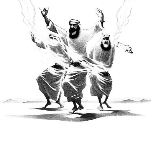 Three Old Testament Middle Eastern Men And The Holy Spirit Dancing Around A Blazing Fire