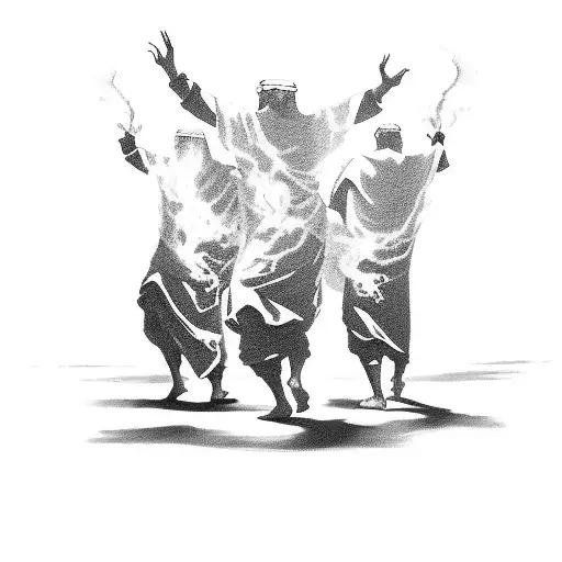 Three Old Testament Middle Eastern Men And The Holy Spirit Dancing Around A Blazing Fire