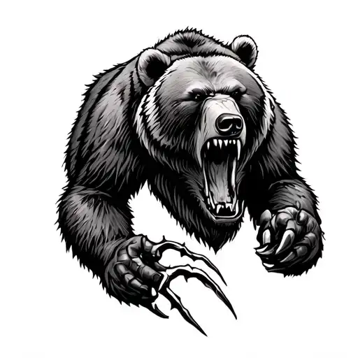 Small Tattoo With A Growling Grizzly Bear With A Claw Ripping Through The Skin Realistic Grey