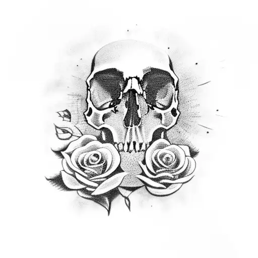 A Skull With A Single Rose Growing Out Of Its Eye Socket