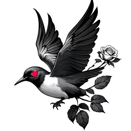 Flying Swallow With Heart For Eye And Rose In Beak