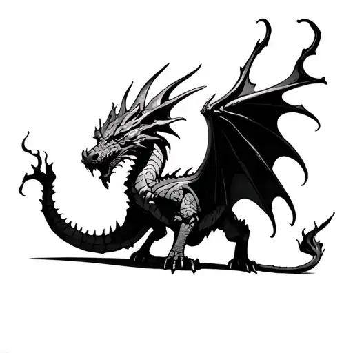 Dragon With Burnt Wings Spread Wide Silhouette Only Lines Not 3D