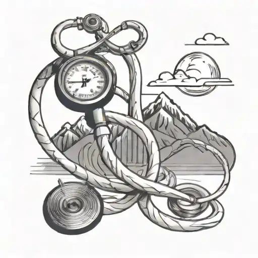 A Black-grey Tattoo Of A Stethoscope Intertwined With Mountain Peaks