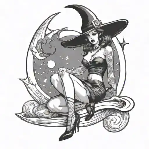 Pin Up Witch Sitting On Crescent Moon