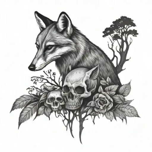 Forrest With A Fox And A Raccoon And A Skull