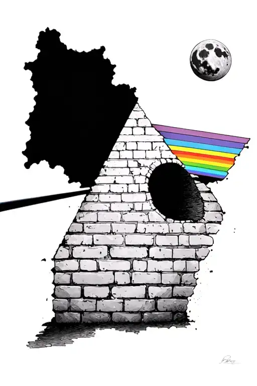 Pink Floyd Dark Side Of The Moon And Small White Brick Wall With Hole In It