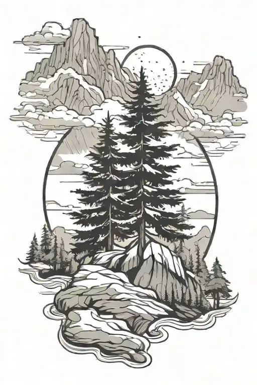 Pine Tree Surrounded My Mountain Scene Featuring Elements