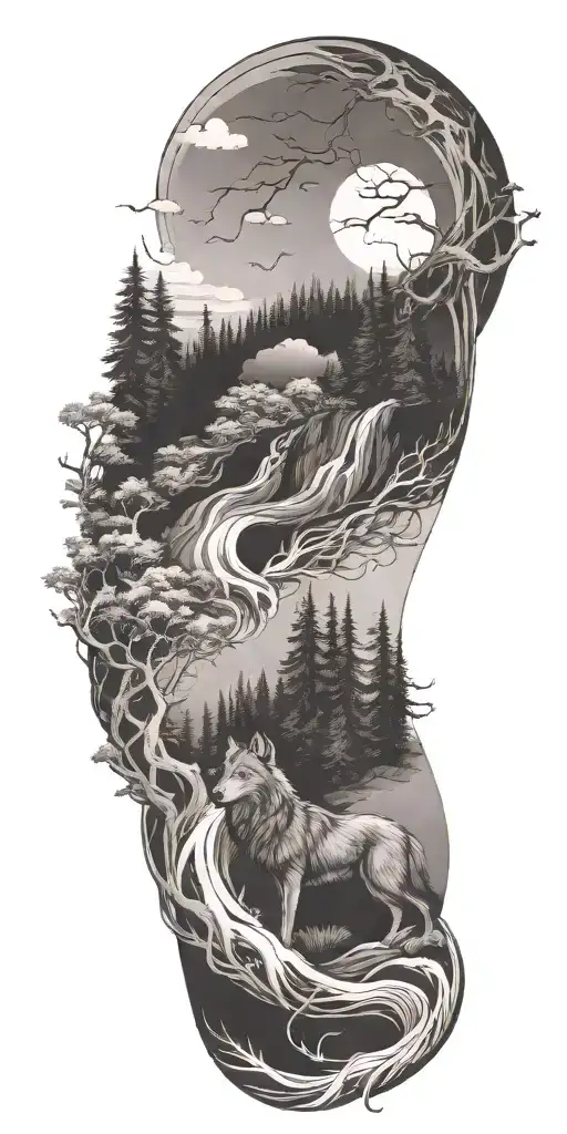 A River Winding Through A Forest With Wolf