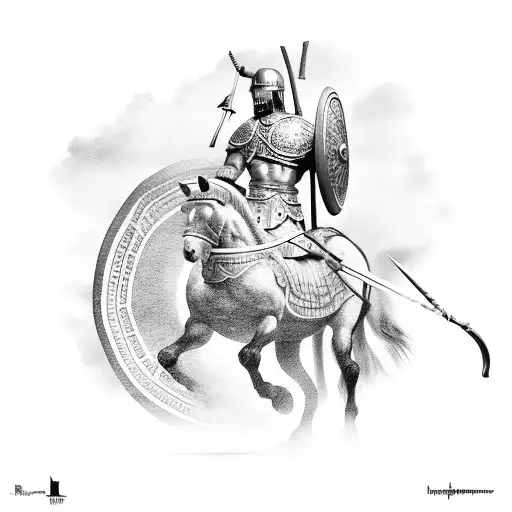 Roman Warrior On Horse With A Spear In Front Of A Temple