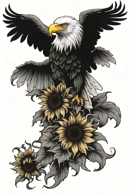 Tattered American Flag Bald Eagle Sunflowers Intertwined