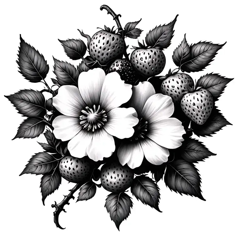 Strawberries And Flowers On A Vine Minimalistic Design To Place On Spine