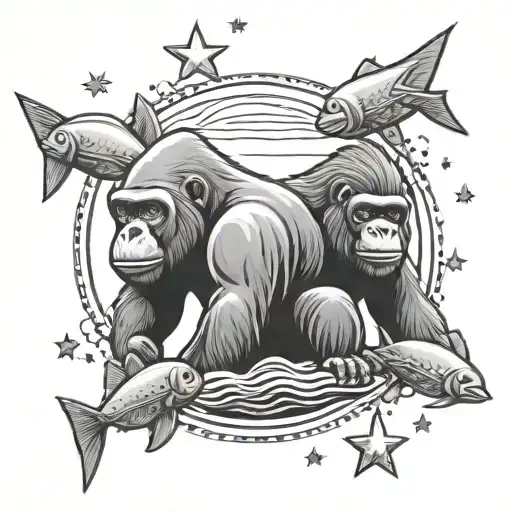 A Fishing Themed Tattoo With Gorillas And Stars