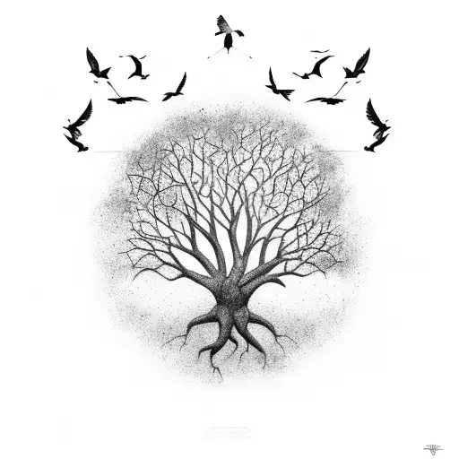 Tree Of Life With Flying Birds
