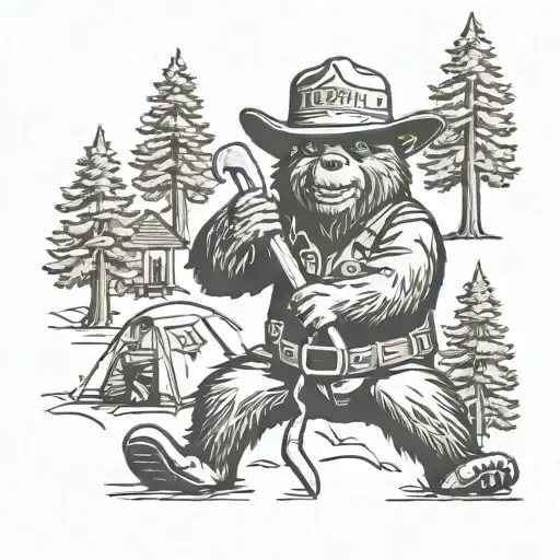 Smokey The Bear In A Campsite Sorounded With Trees Posing With Shovel