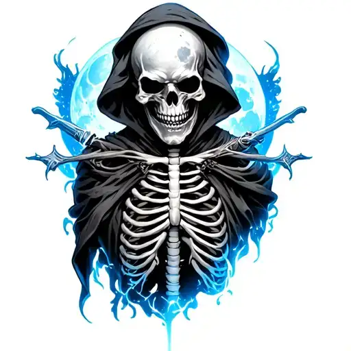 Neo Traditional Reaper Half Body With Ribs Exposed Glowing Blue With Skull Moon