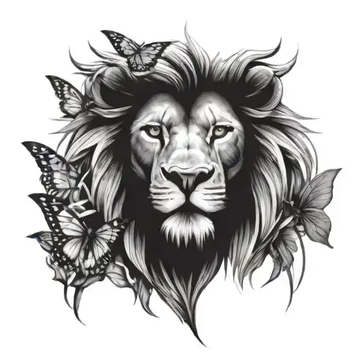 Lion Head And Butterfly Emerging Sci Fi Inspired Tattoo Featuring