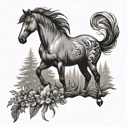 Horse And Magpie Bird In Forest Landscape