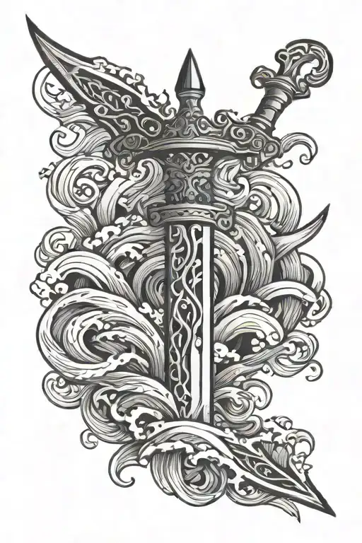 Dagger With Sea Waves Around It
