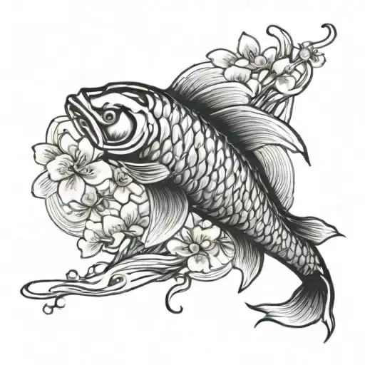 Dark Koi Fish Tattoo With Waves And Cherry Blossoms