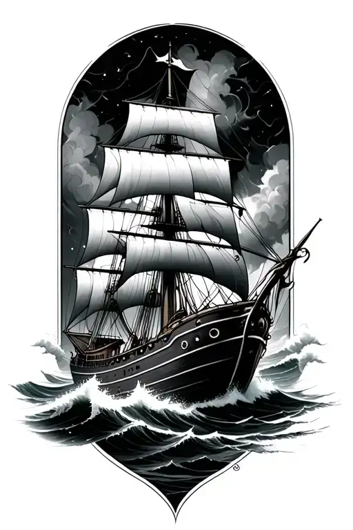 Nautical Ship Sailing Through Stormy Seas With Kracken
