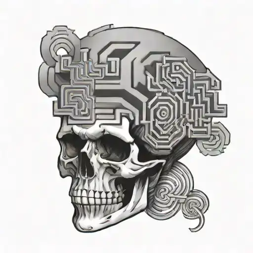 A Skull With A Maze On The Top Of Its Head Opened With A Brain On Top Floating