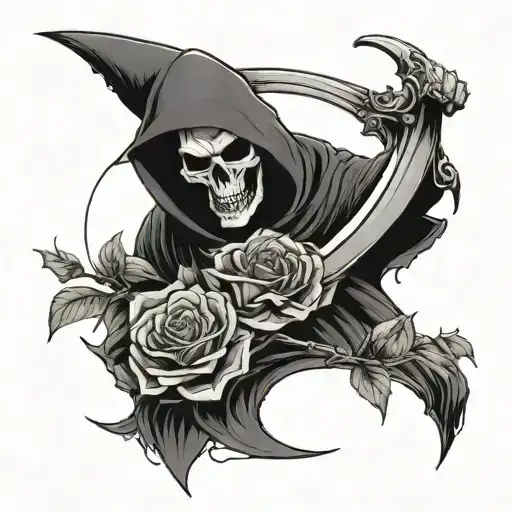 Reaper With A Scythe And Roses Blooming