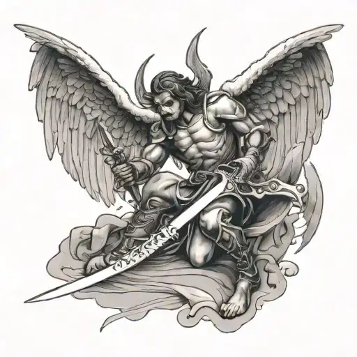 Angel With A Sword Stabbing A Demon On The Floor