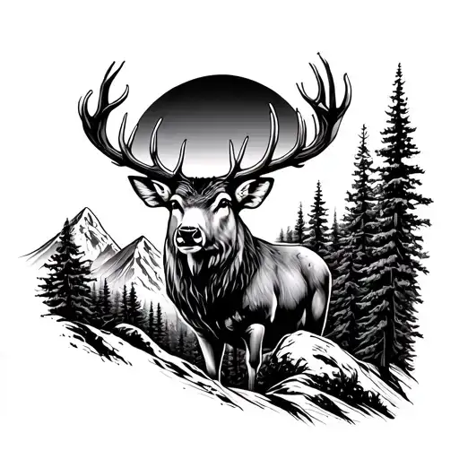 Hirsch And Forest Mountains Sun