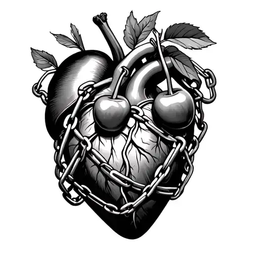 Cherries Next To Heart Organ With Chains Wrapped Around Squeezing The Middle Tight Tattoo Design